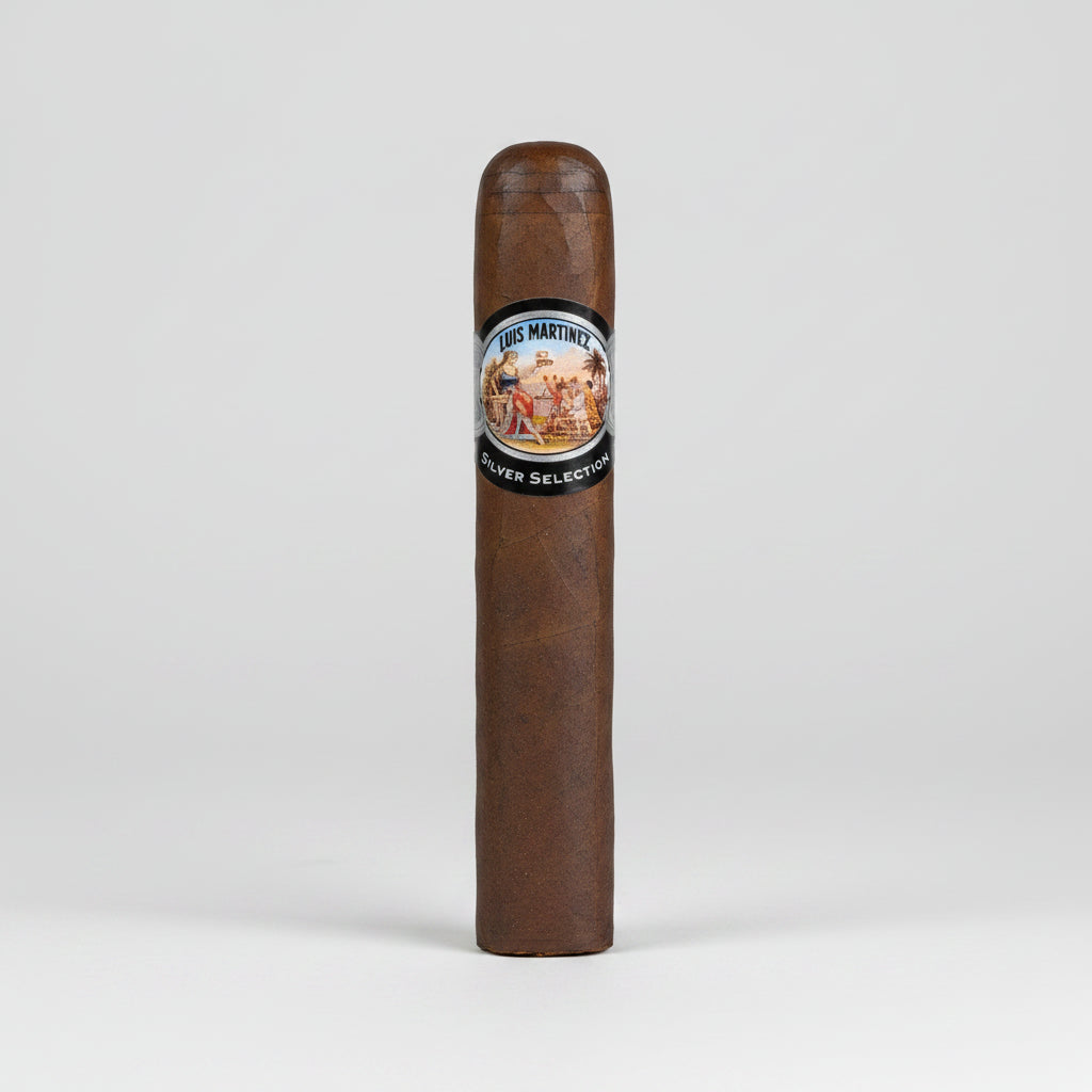 A single dark brown cigar with a circular 'The Martinez' band, shown vertically against a plain white background.
