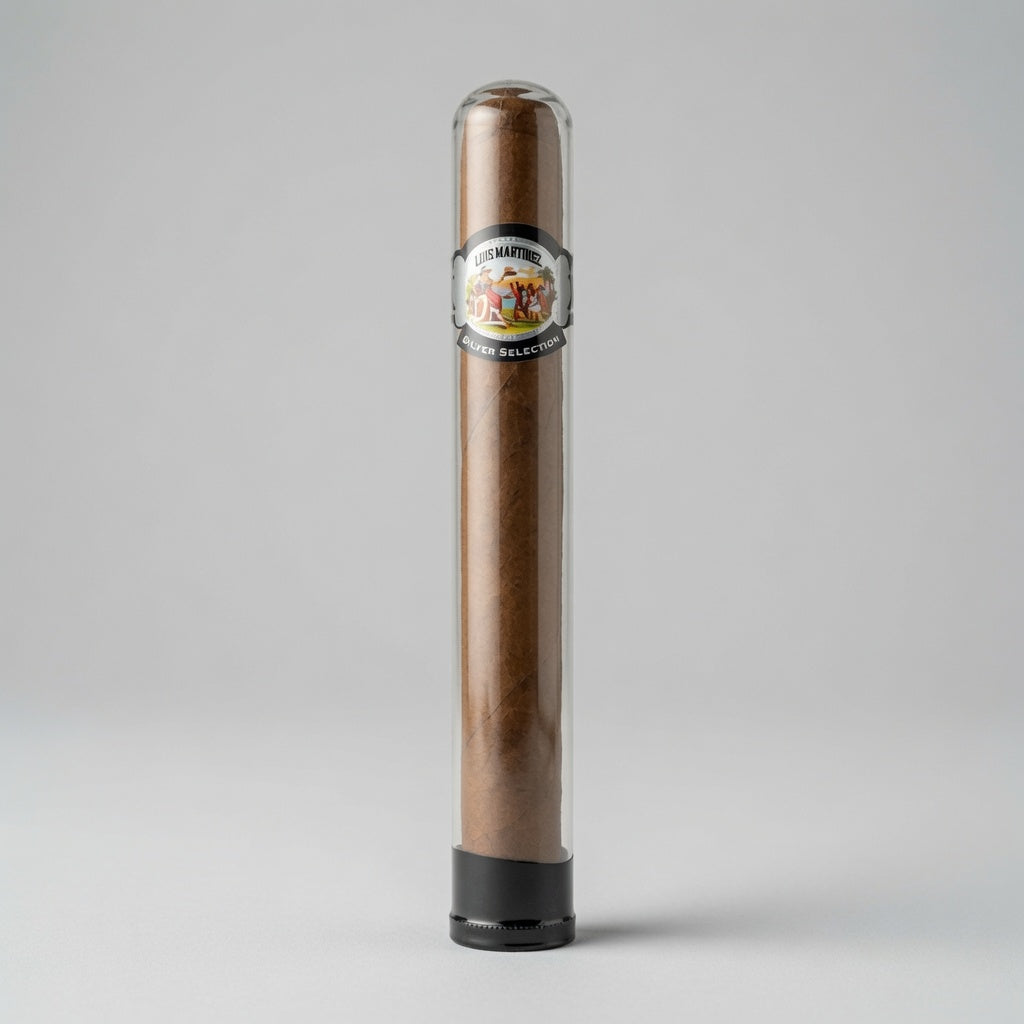 A single long cigar in a clear cylindrical glass or plastic tube with a black base and a circular branded label near the top, photographed on a light gray studio background.