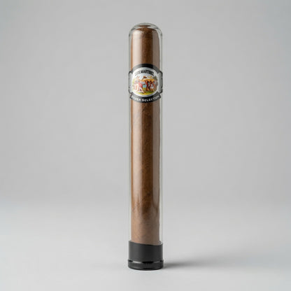 A single long cigar in a clear cylindrical glass or plastic tube with a black base and a circular branded label near the top, photographed on a light gray studio background.