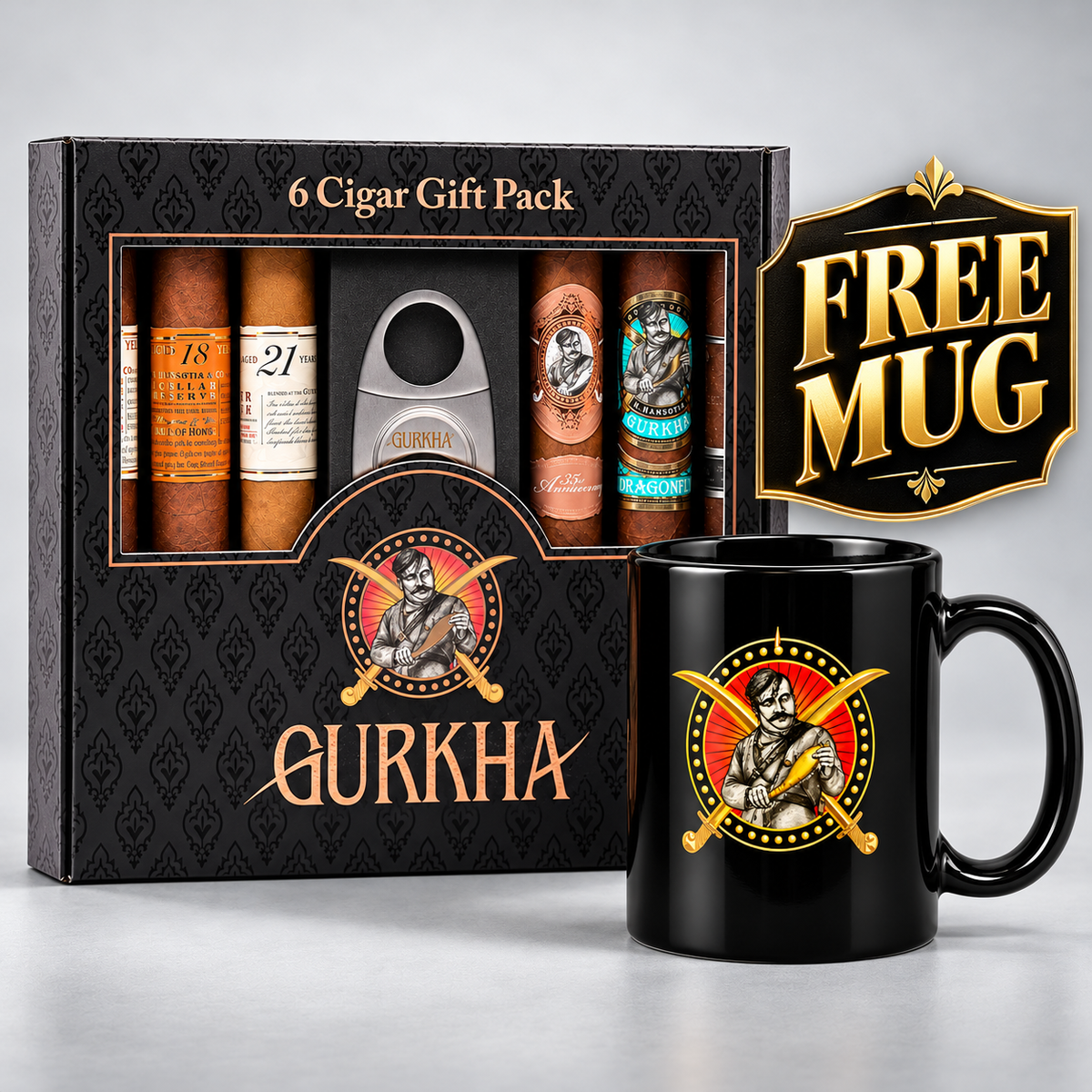 A GURKHA branded 6-cigar gift pack displayed in a black patterned box with visible cigars, a silver cigar cutter, and a black ceramic mug with a matching GURKHA graphic. A gold 'FREE MUG' badge appears on the right.