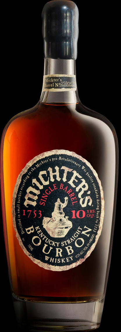 Bottle of Michter's 10-year-old Kentucky Straight Bourbon Whiskey on a dark background