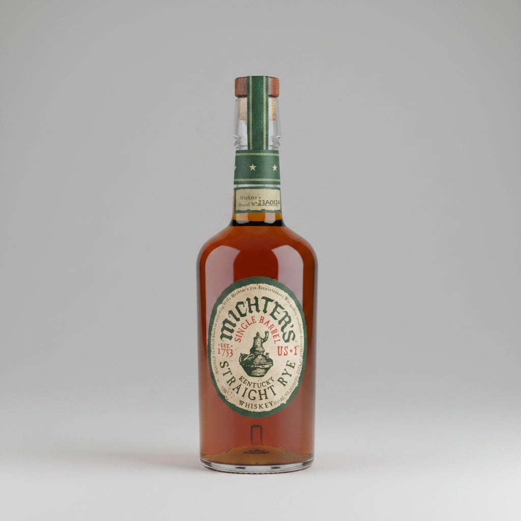 Bottle of Michter's Single Barrel Straight Rye Whiskey on a black background