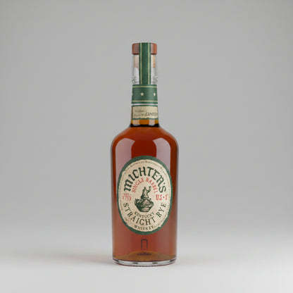Bottle of Michter's Single Barrel Straight Rye Whiskey on a black background