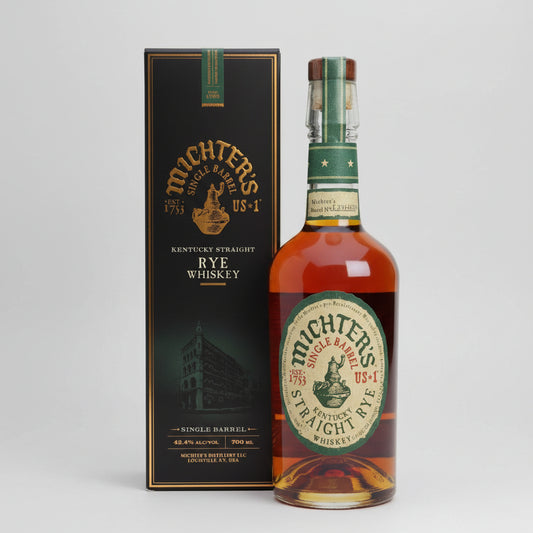 A bottle of Mitchers Single Barrel US-1 Kentucky Straight Rye Whiskey next to its black and gold packaging box, displayed on a clean white background.