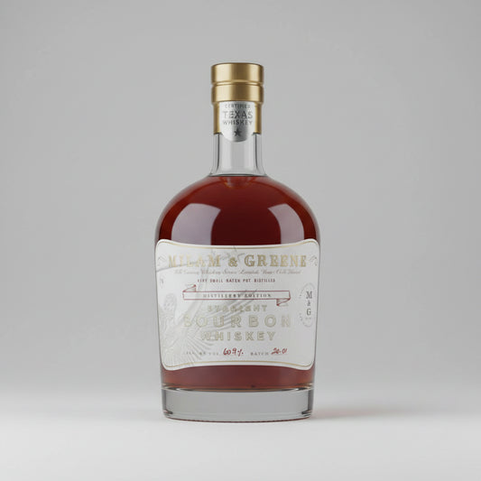 Bottle of Milam & Greene Kentucky Bourbon Whiskey on a white background