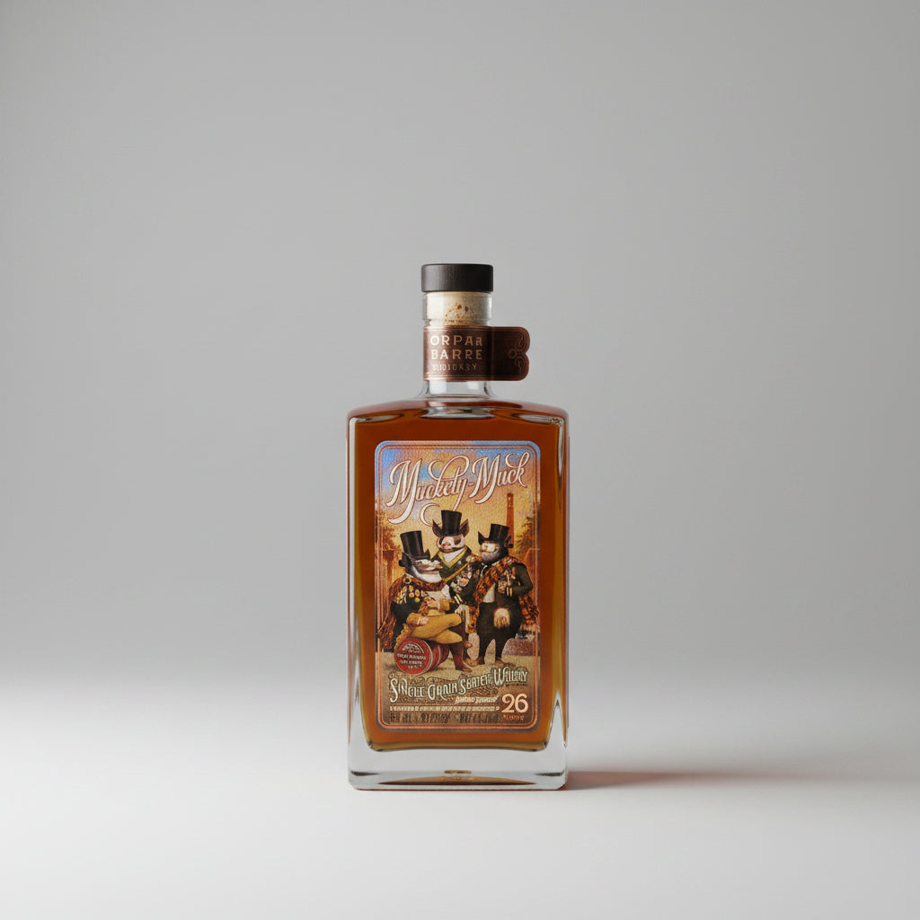 A bottle of Muckety muck 26 year old single grain scotch whiskey on a white background