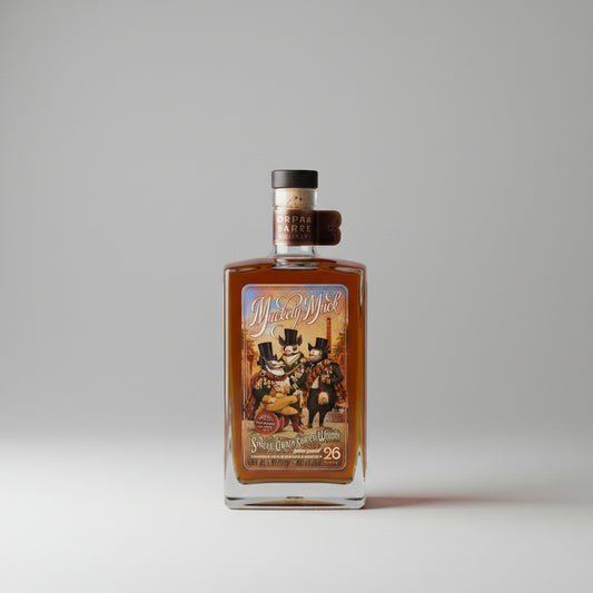 A bottle of Muckety muck 26 year old single grain scotch whiskey on a white background
