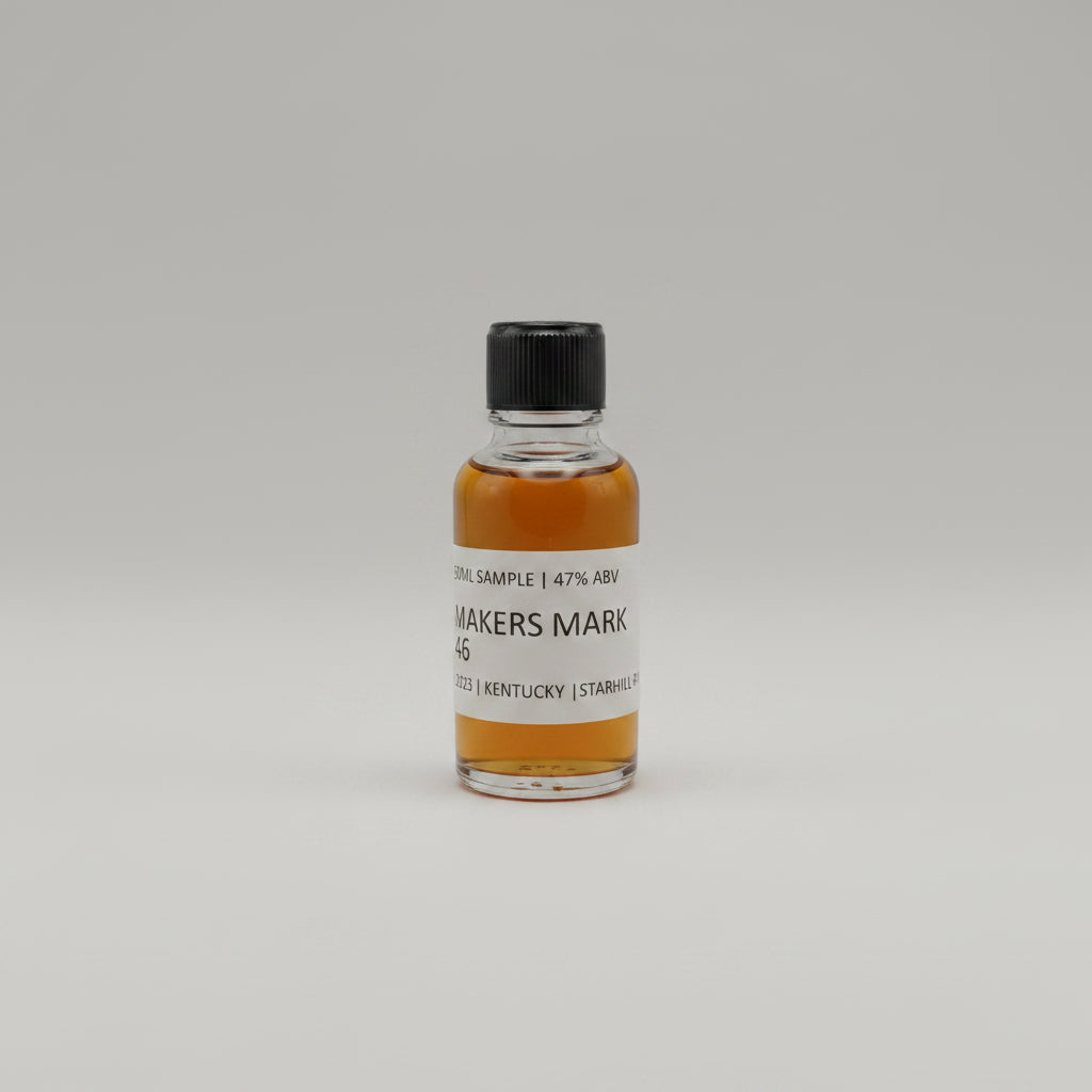 Bottle of Maker's Mark 46 bourbon sample on a whitebackground