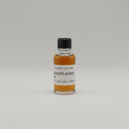 Bottle of Maker's Mark 46 bourbon sample on a whitebackground