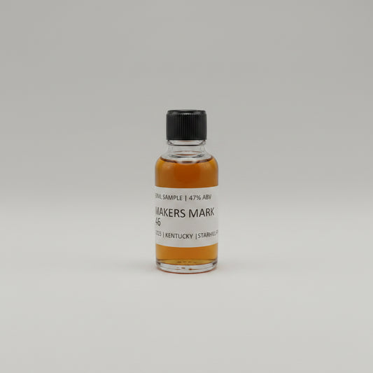 Bottle of Maker's Mark 46 bourbon sample on a whitebackground