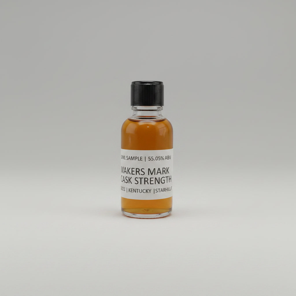 Bottle of Maker's Mark Cask Whiskey Sample on a white background
