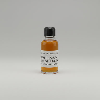 Bottle of Maker's Mark Cask Whiskey Sample on a white background