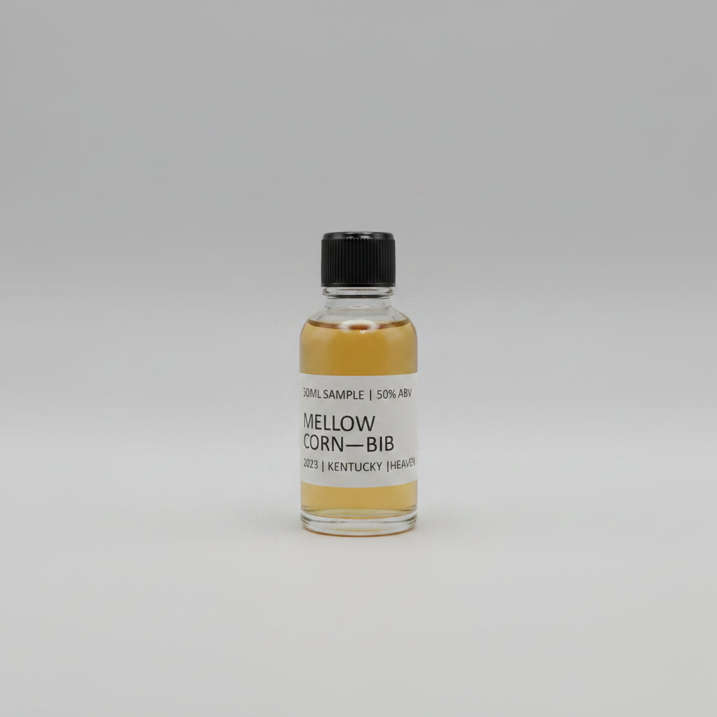 Small bottle of Mellow Corn Bib with a black cap on a light gray background