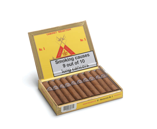 Box of cigars with a health warning label on a white background