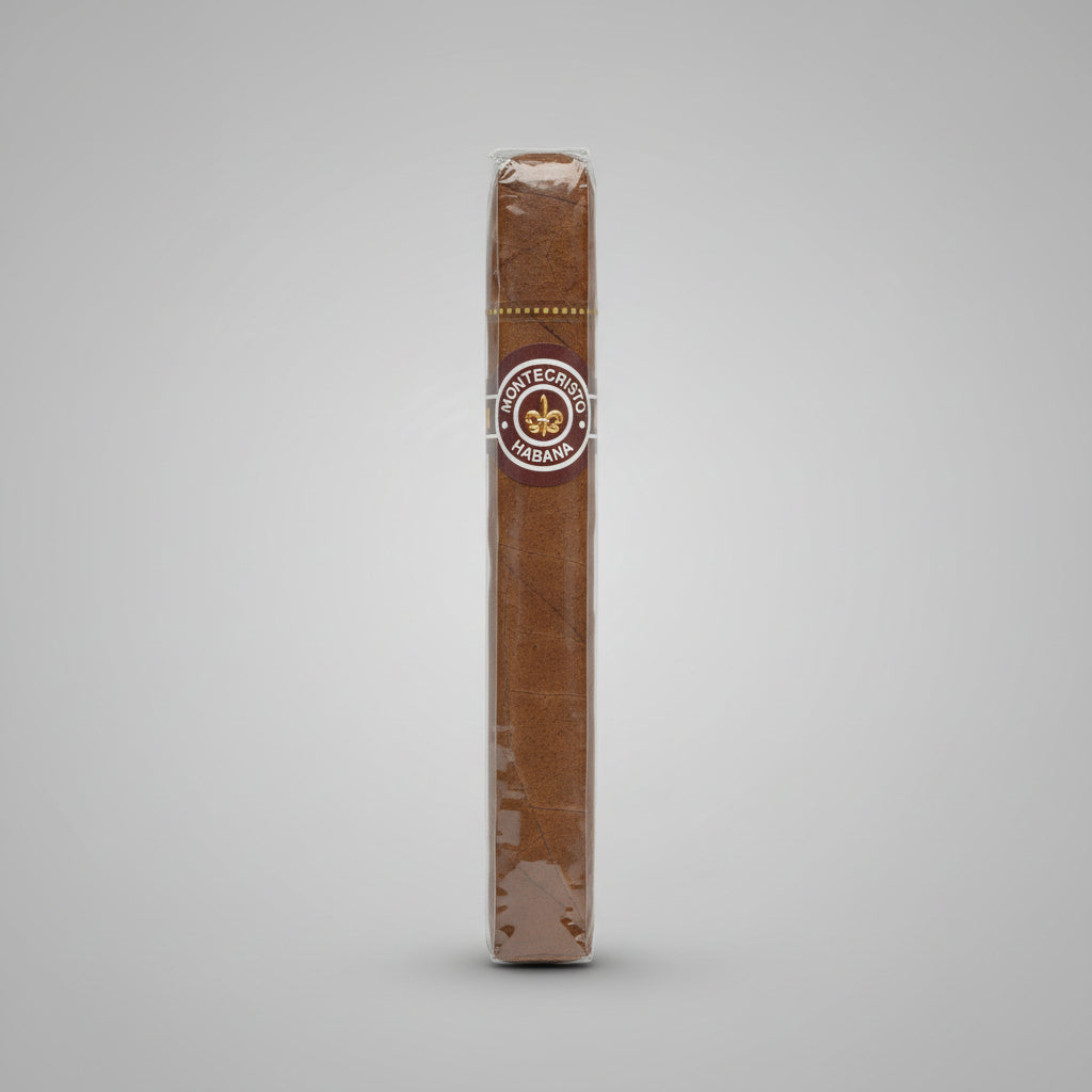 A single brown cigar in clear plastic wrapping with a circular white and gold label reading 'Selección Habana' on a plain white background.