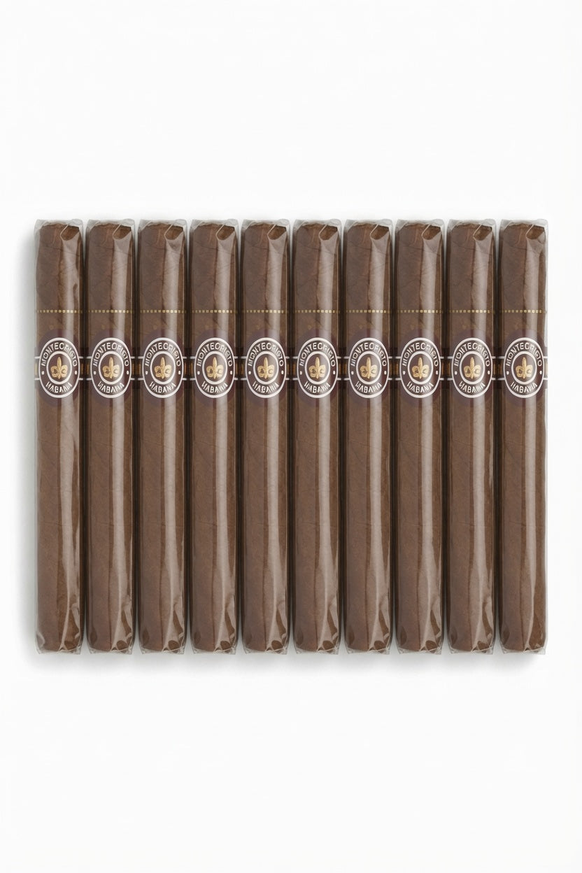 A pack of ten brown cigars arranged in a row, each with a white and gold band around the middle, on a plain white background.