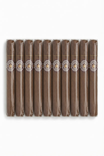A pack of ten brown cigars arranged in a row, each with a white and gold band around the middle, on a plain white background.