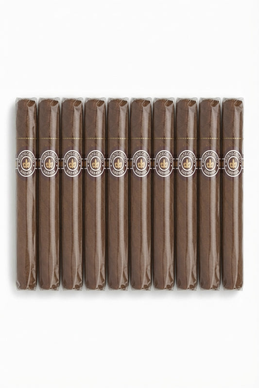 A pack of ten brown cigars arranged in a row, each with a white and gold band around the middle, on a plain white background.