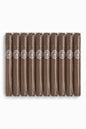 A pack of ten brown cigars arranged in a row, each with a white and gold band around the middle, on a plain white background.