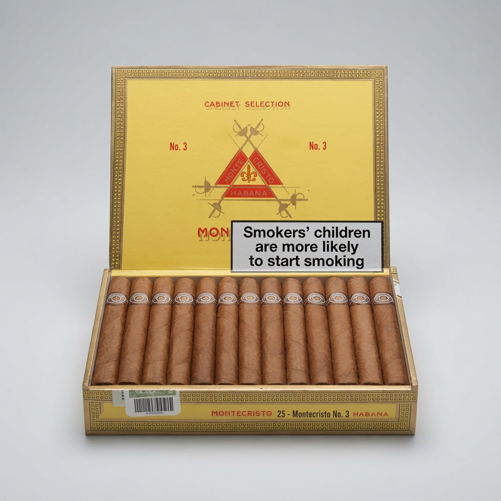 An open Montecristo cigar box displaying twenty brown cigars inside, with the yellow interior lid showing the Montecristo branding and a prominent smoking-health warning label.