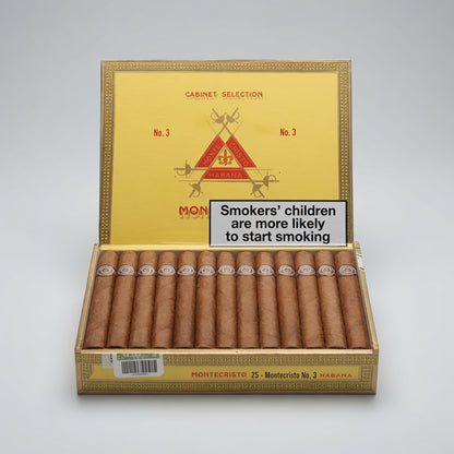 An open Montecristo cigar box displaying twenty brown cigars inside, with the yellow interior lid showing the Montecristo branding and a prominent smoking-health warning label.