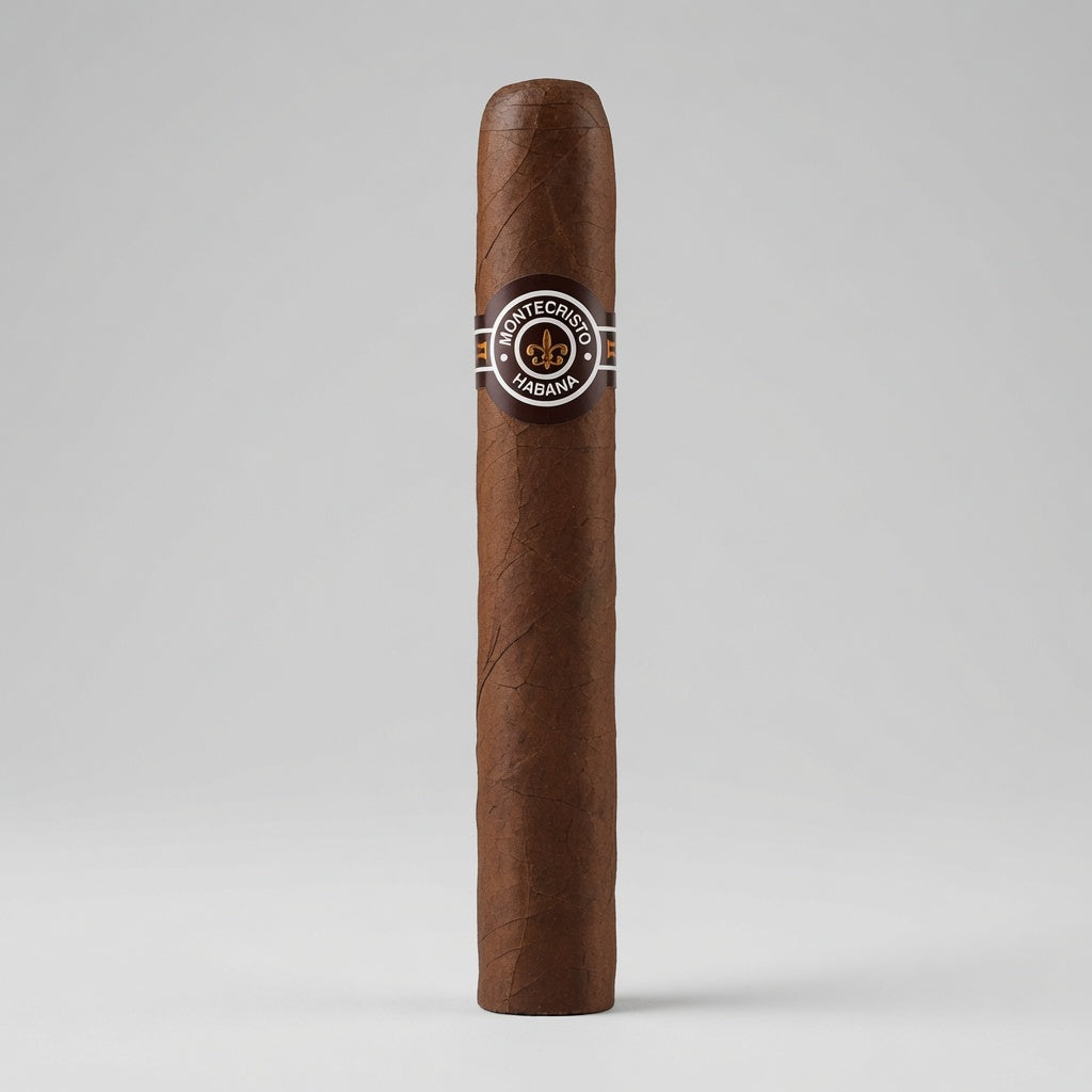 A single Montecristo 3 No. 3 brown cigar standing upright against a light gray studio background, featuring a circular Montecillo Habano band with a gold and silver emblem.