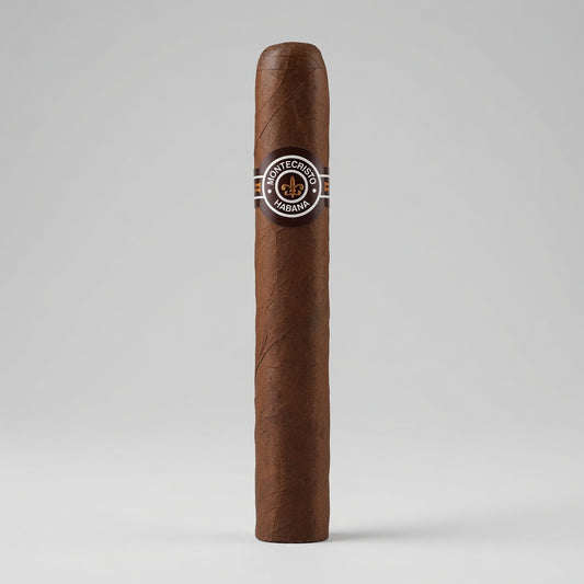 A single Montecristo 3 No. 3 brown cigar standing upright against a light gray studio background, featuring a circular Montecillo Habano band with a gold and silver emblem.