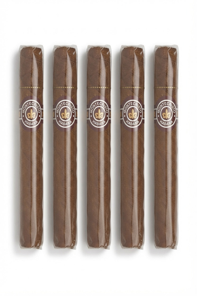 Five cigars in clear plastic wrappers with circular white and gold bands, arranged vertically on a white background.