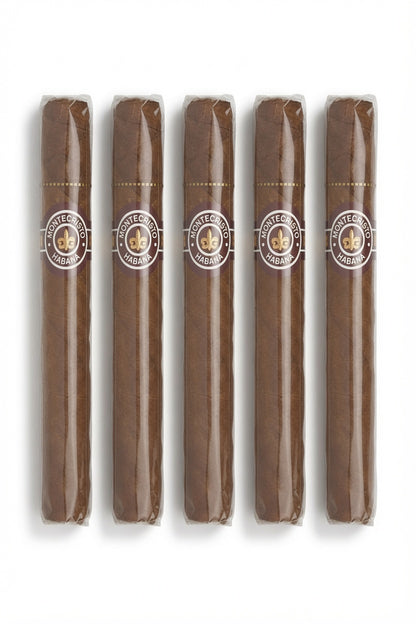 Five cigars in clear plastic wrappers with circular white and gold bands, arranged vertically on a white background.