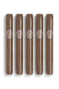 Five cigars in clear plastic wrappers with circular white and gold bands, arranged vertically on a white background.
