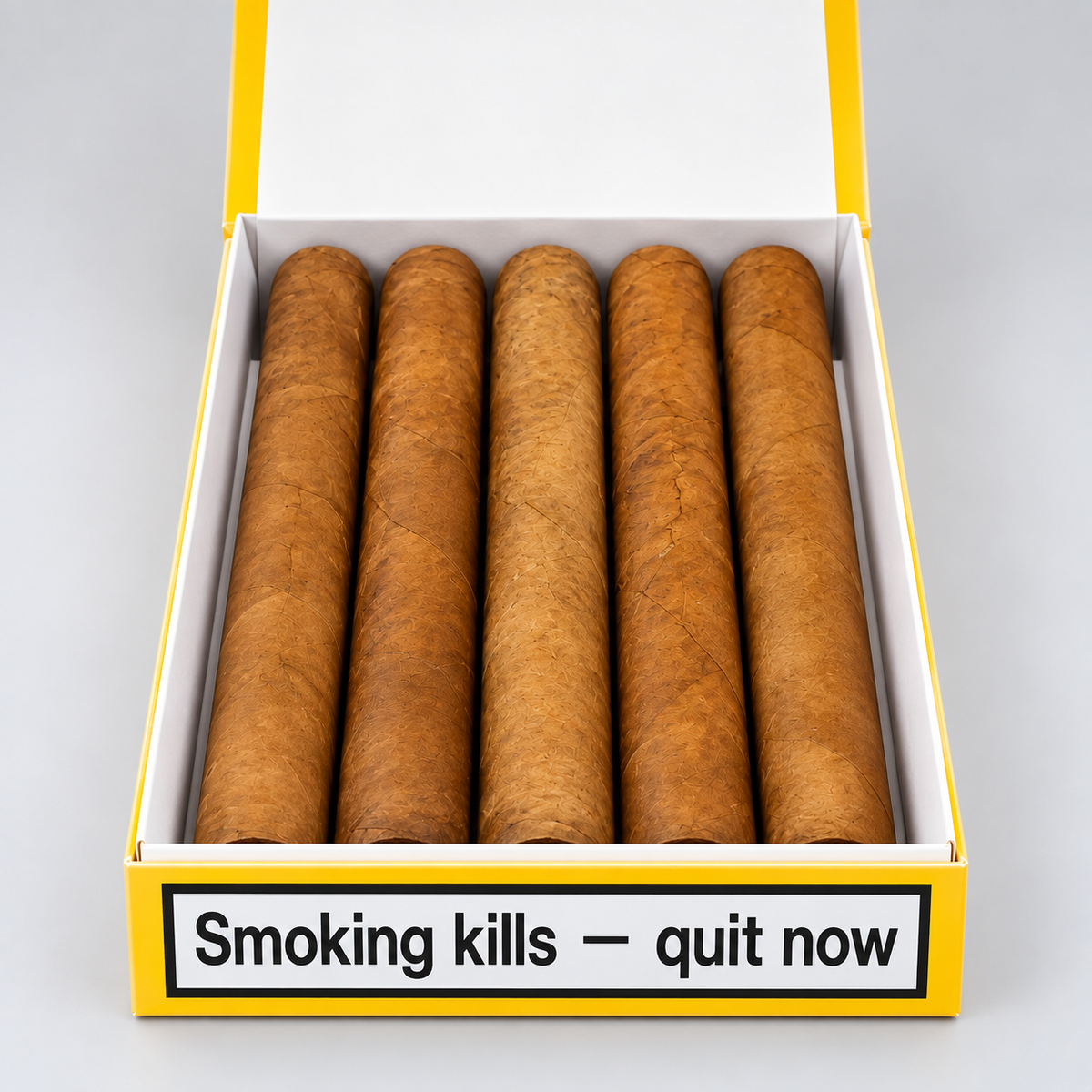 Five large brown cigars arranged side by side inside a yellow and white box with a warning label that reads 'Smoking kills — quit now'.