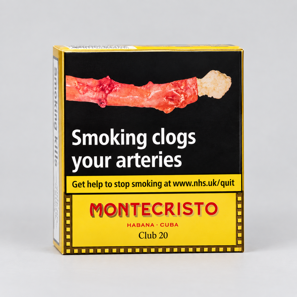 A rectangular cigars cigarillos pack for Montecristo Club 20, featuring a black and yellow design with a graphic of a severed finger and the warning text 'Smoking clogs your arteries'.