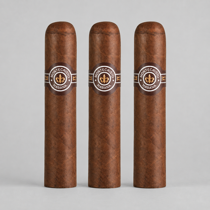 Three Montecristo Haban cigars standing upright in a row against a light gray background. Each cigar has a dark brown wrapper with a circular band featuring the Montecristo logo and the word 'HABAN'.