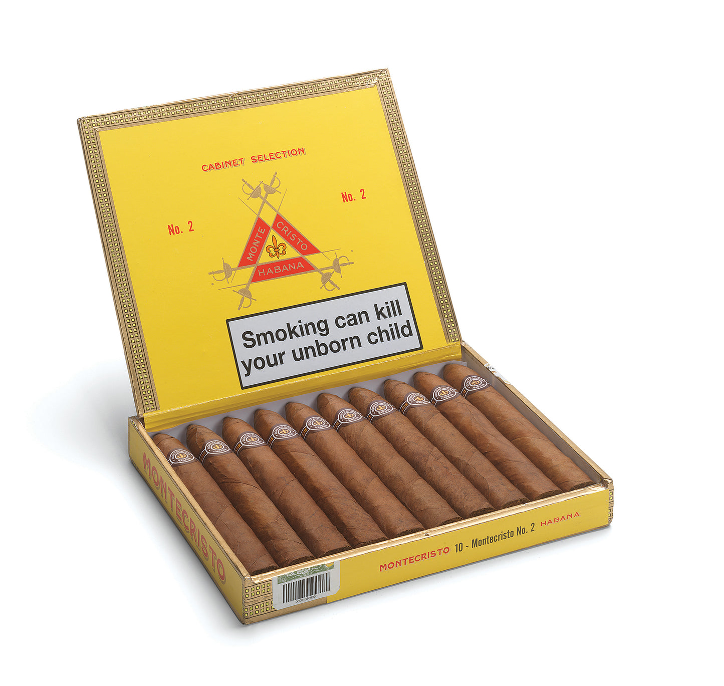 An open box of Montecristo No. 2 cigars on a white background, showing the yellow interior with a prominent health warning label on the lid.