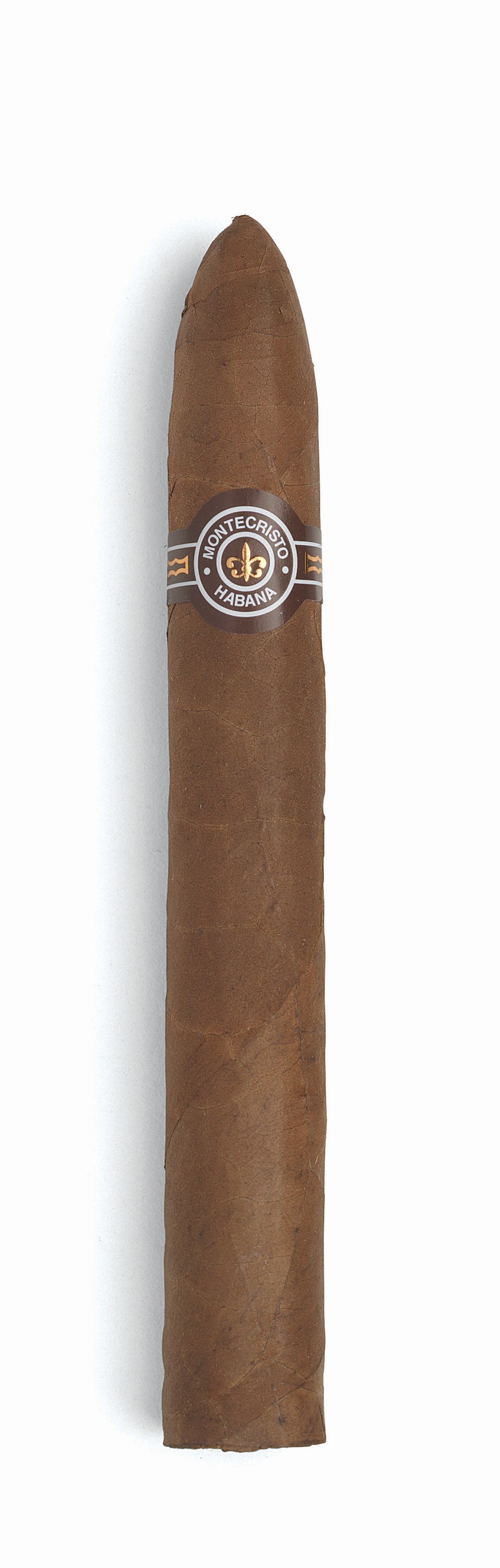 A single brown cigar with a silver, black, and gold band featuring a central emblem, shown vertically against a plain white background.