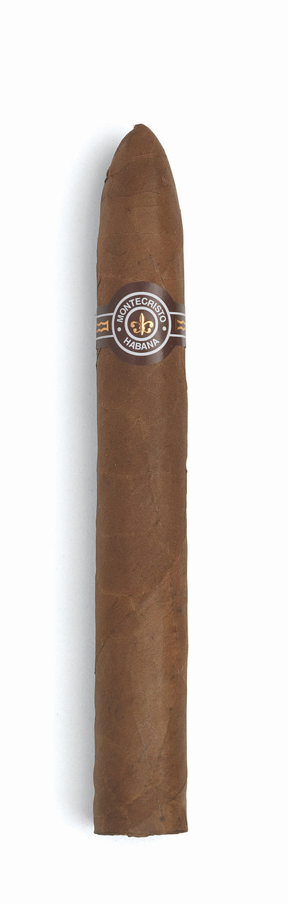 A single brown cigar with a silver, black, and gold band featuring a central emblem, shown vertically against a plain white background.