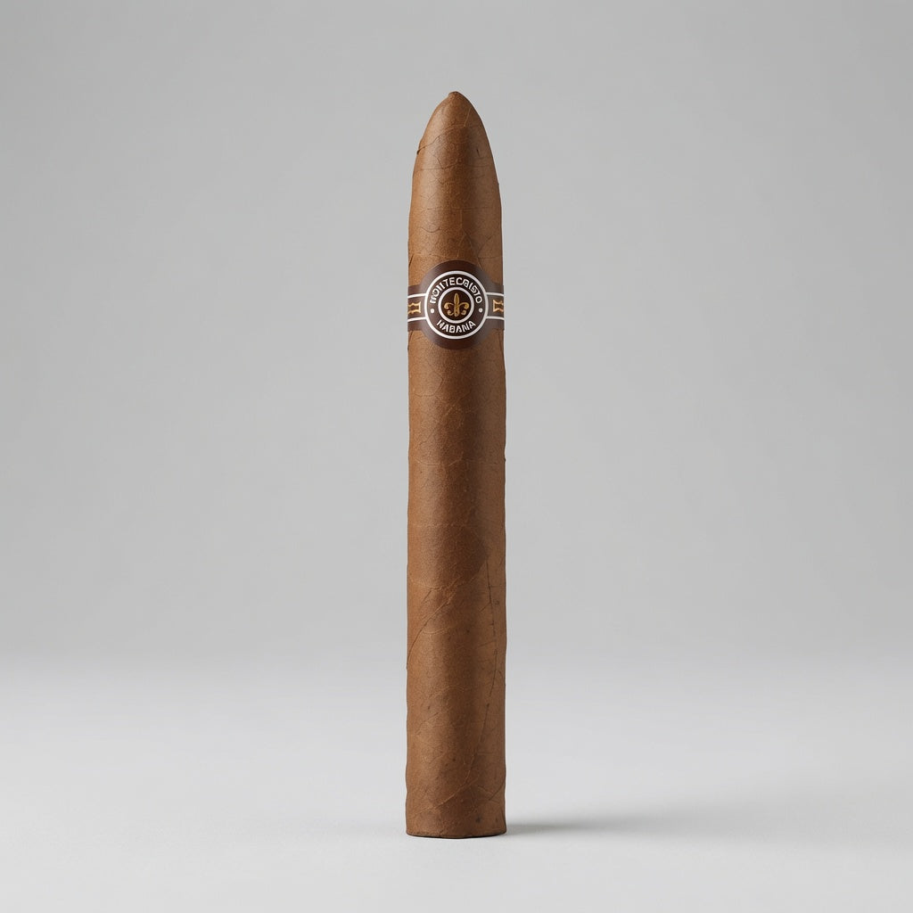 A single brown cigar standing upright on a light gray studio background, featuring a silver and black band with a circular logo near the top.
