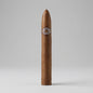 A single brown cigar standing upright on a light gray studio background, featuring a silver and black band with a circular logo near the top.