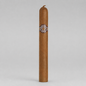 A single brown cigar standing upright against a light gray studio background, with a circular band around the middle showing the G-100 brand logo.