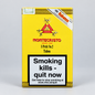 A yellow Montecristo Habano cigar pack box on a light gray background, featuring the red and gold Montecristo logo, a diagonal Habanos banner, and a large smoking-health warning label on the front.
