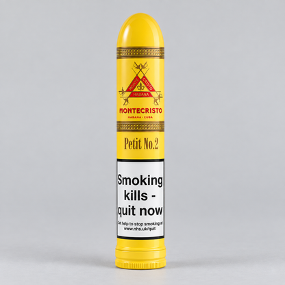 A yellow Montecristo Petit No. 2 smoking cessation device with a white warning label on a light gray background.