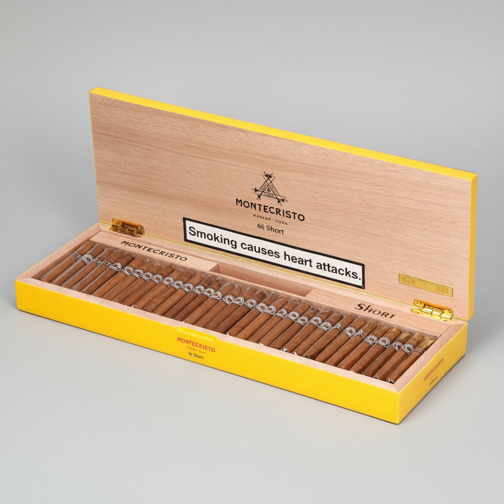 An open Montecristo cigar box containing rows of cigars, shown on a plain white background. The box has a bright yellow exterior and a light natural wood interior with Montecristo branding and a NHS warning label.