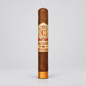 A single brown cigar standing upright on a light gray background, featuring a cream and red band with gold detailing and a gold foot.