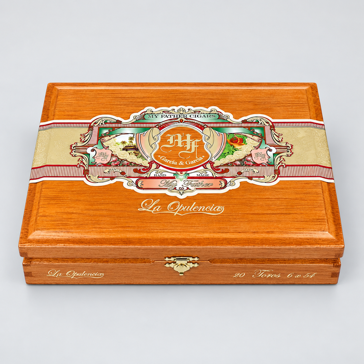 A premium wooden cigar box from La Opulencia, featuring a polished orange-brown wood finish, a decorative beige and red paper band with illustrations of birds and flowers, and gold foil lettering.