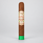 A single brown cigar standing upright on a light gray background, featuring a decorative cream and red band with green leaf illustrations and a bright green tip.