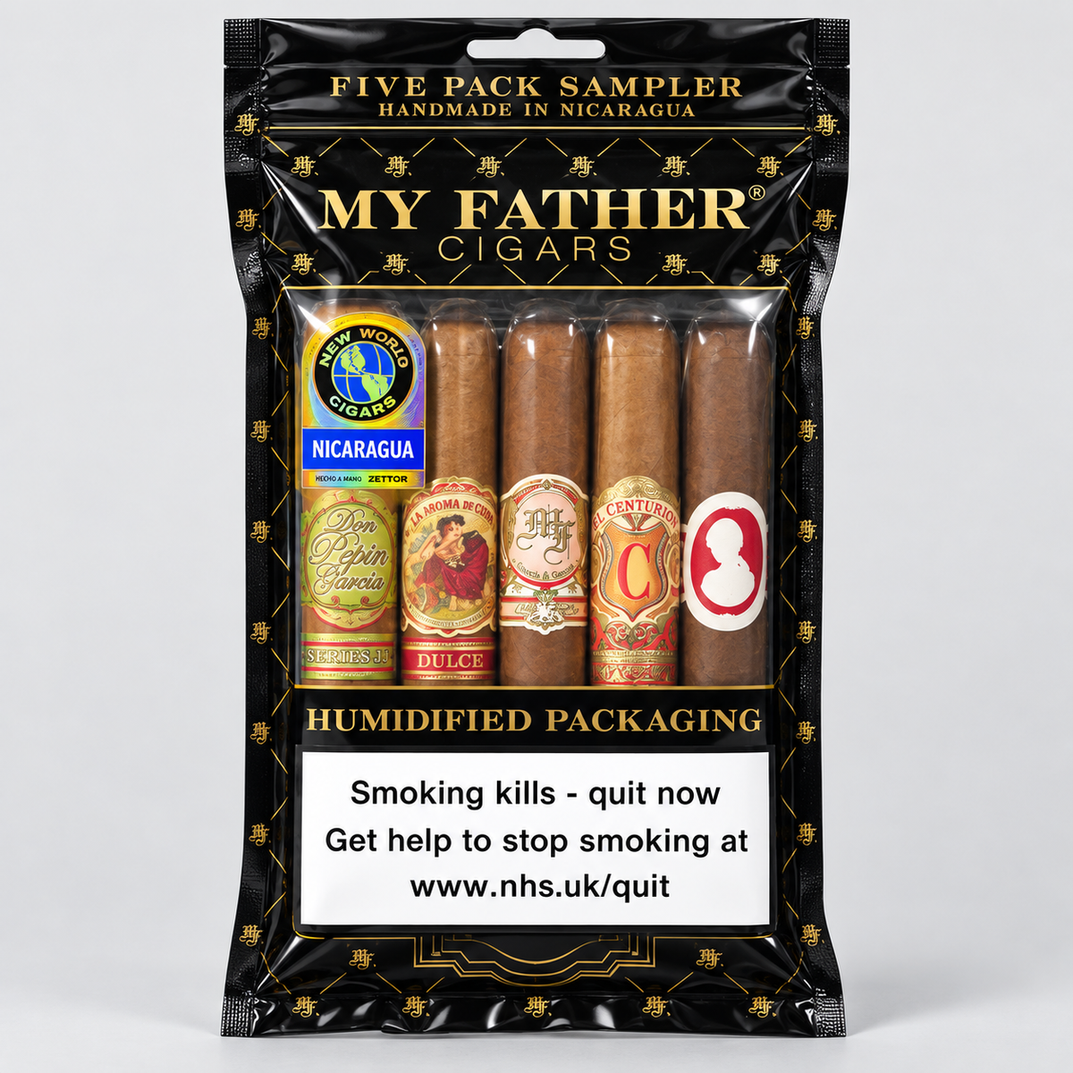 A five-pack cigar sampler in a black and gold My Father Cigars branded bag, showing five different cigars inside a humidified package with a prominent health warning label.