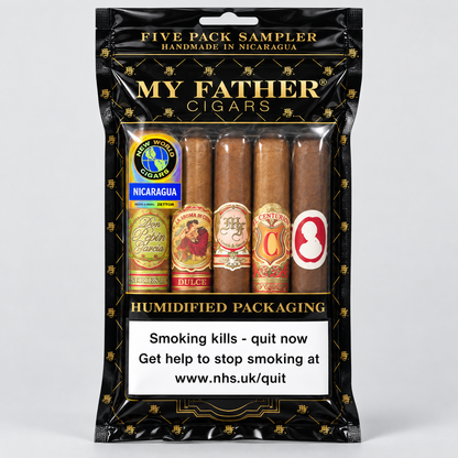 A five-pack cigar sampler in a black and gold My Father Cigars branded bag, showing five different cigars inside a humidified package with a prominent health warning label.
