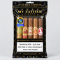 A five-pack cigar sampler in a black and gold My Father Cigars branded bag, showing five different cigars inside a humidified package with a prominent health warning label.