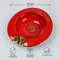 A glossy red ceramic cigar ashtray with gold trim and a gold crest emblem in the center, shown on a light gray background with dimension and feature callouts. The rim reads 'MY FATHER CIGARS'.