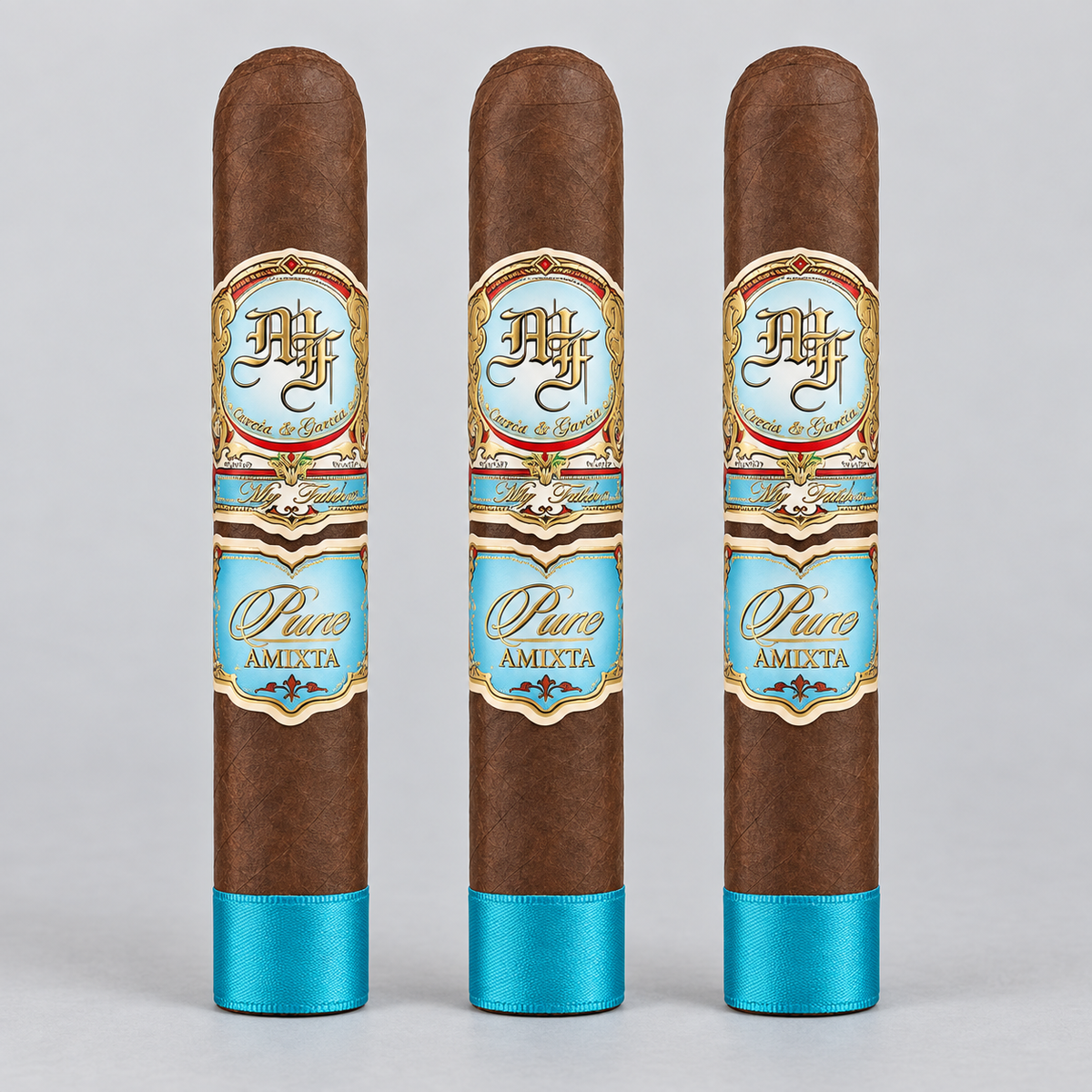 Three brown cigars standing upright side by side on a light gray background. Each cigar has a decorative label with gold, blue, and white details, and a bright blue band near the bottom.